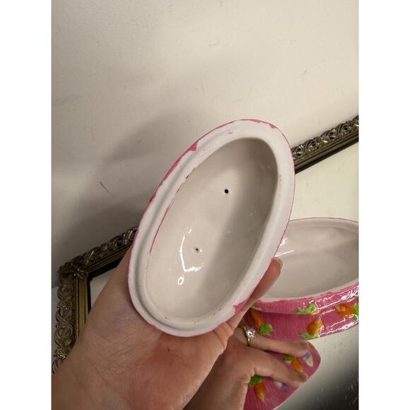 Vintage Trinket Box Pink Easter Egg Shaped Bunny Rabbits Top 4" Tall Ceramic - Picture 5 of 10